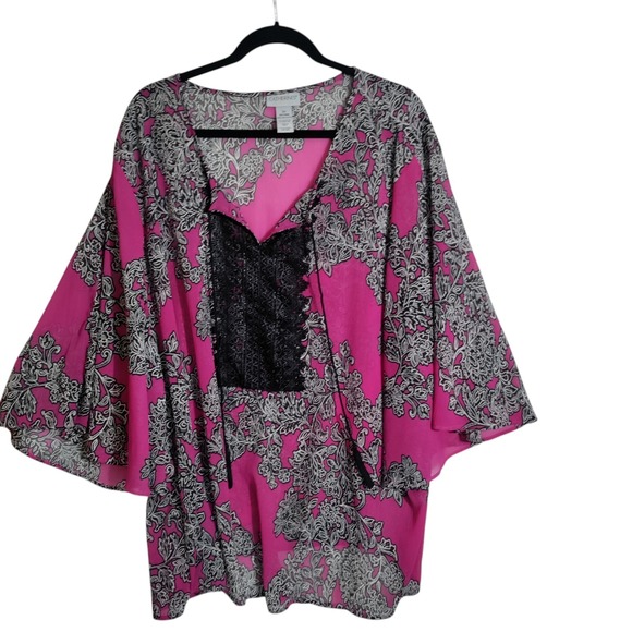 Catherines Plus Size 3X Top Bright Purple Pink with Print Deco and Lace - Picture 1 of 8
